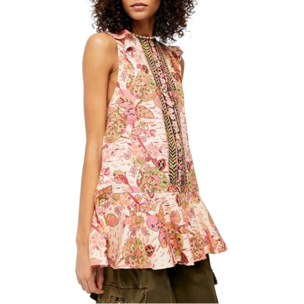 NEW Free People Summer In Tulum Pink Combo Tunic Floral Summer Sleeveless Top XS